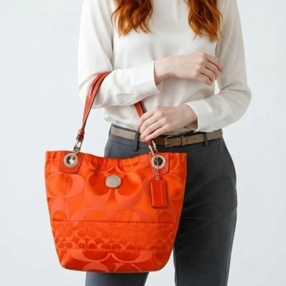 Coach Crimson Orange Signature Nylon ToteBag Leather Trim/Hangtag + Dust Bag 12” - Picture 16 of 16